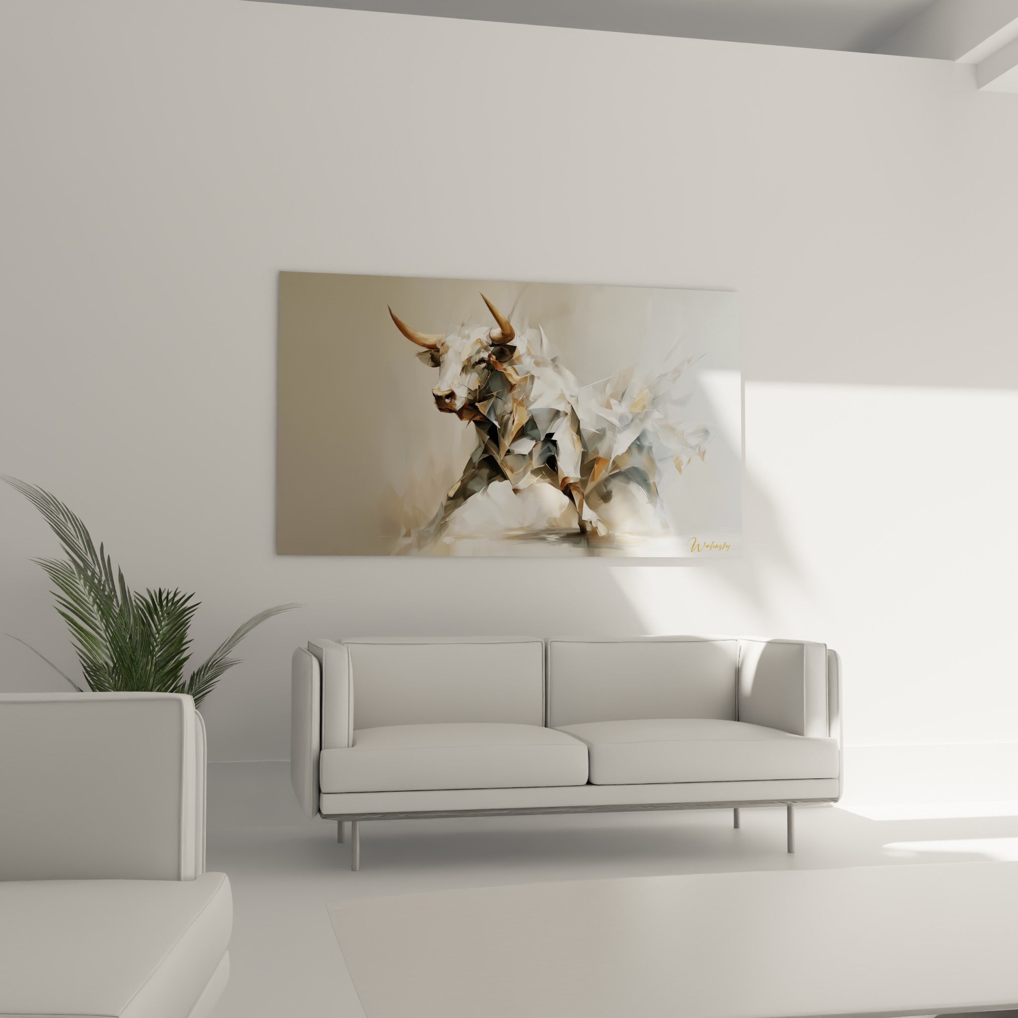 Cornes dorées et corps blanc éclaté du taureau au-dessus d'un canapé dans un salon lumineux