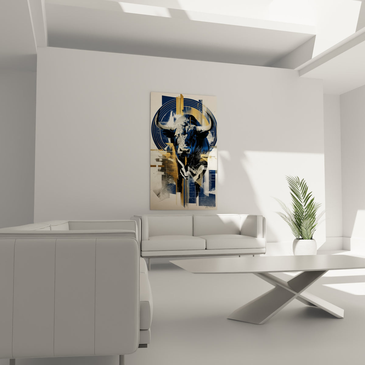 Tête de taureau anthracite et dorée aux traits graphiques, au-dessus d'un canapé dans un salon lumineux