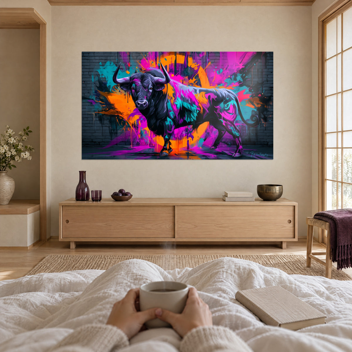 Wall art black horned creature with fuchsia and cyan splashes, beige wall, steaming cup in the foreground, above a bed in a bright bedroom