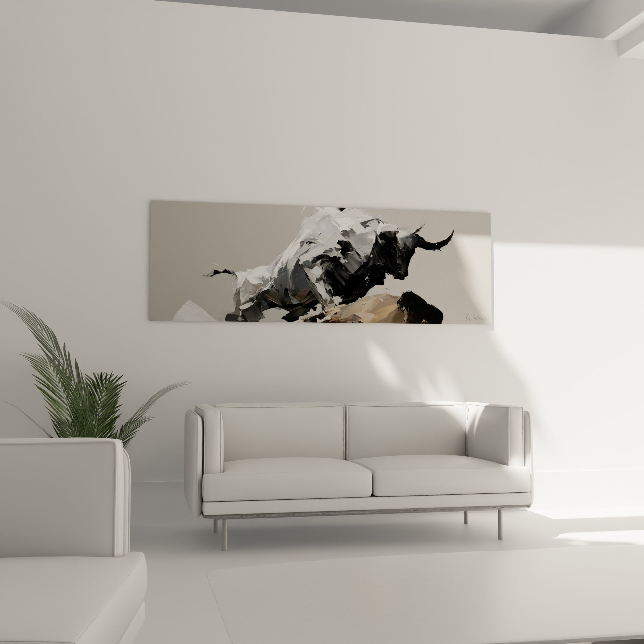 Taureau blanc et anthracite en mouvement au-dessus d'un canapé dans un salon lumineux