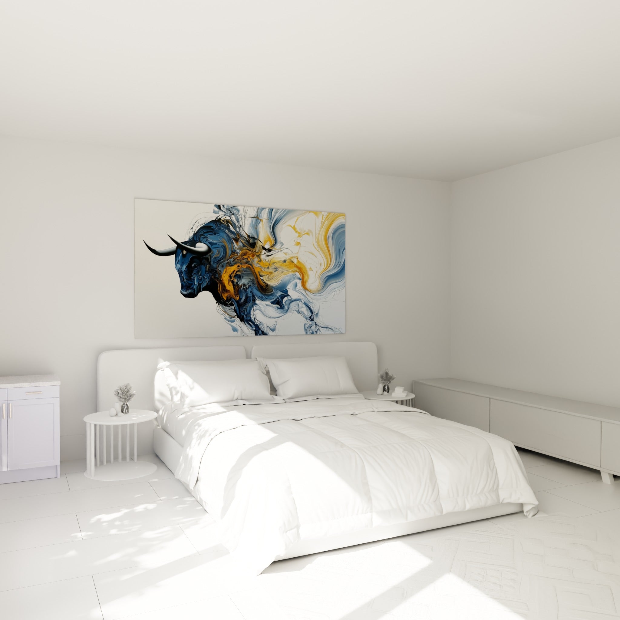 Taureau anthracite et ocre en dissolution picturale, accroché au-dessus d'un lit dans une chambre claire