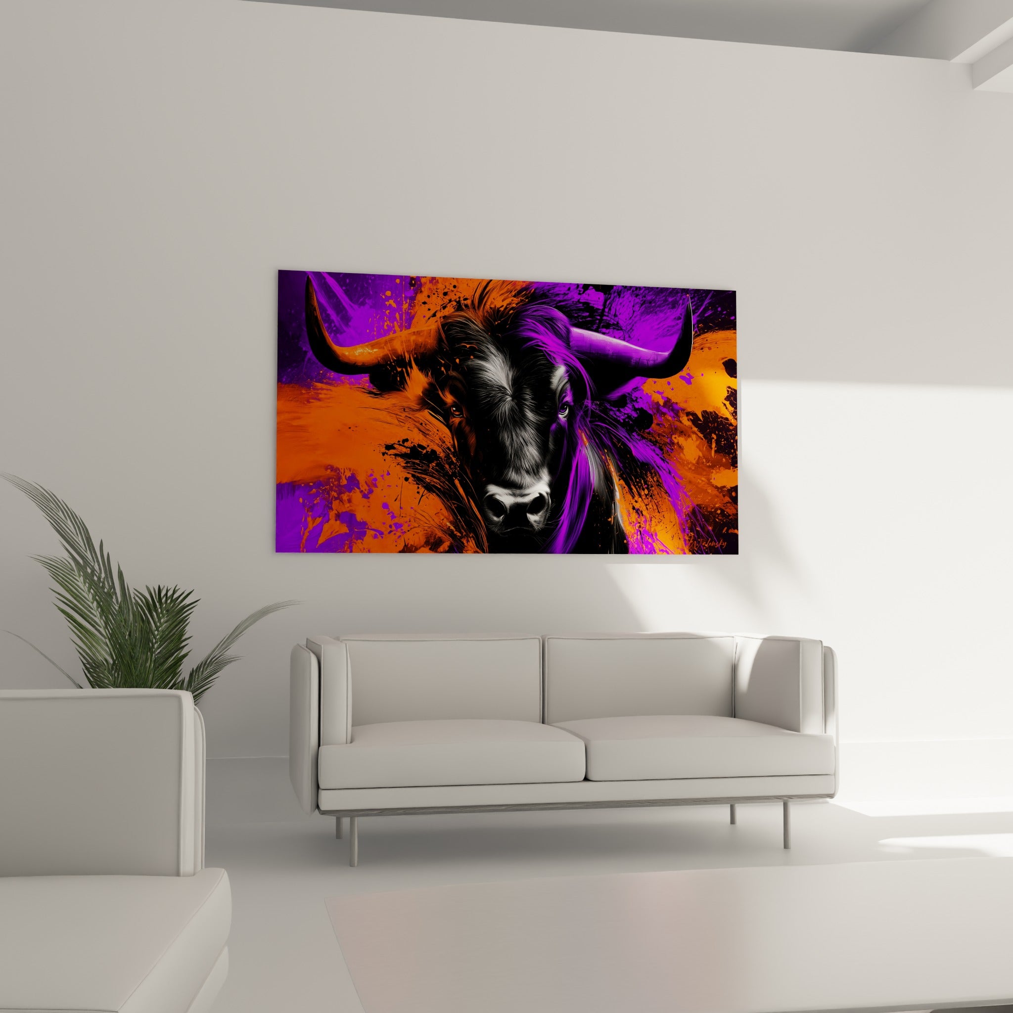 Portrait animalier aux teintes orange vif et violet accroché au-dessus d'un canapé dans un salon lumineux