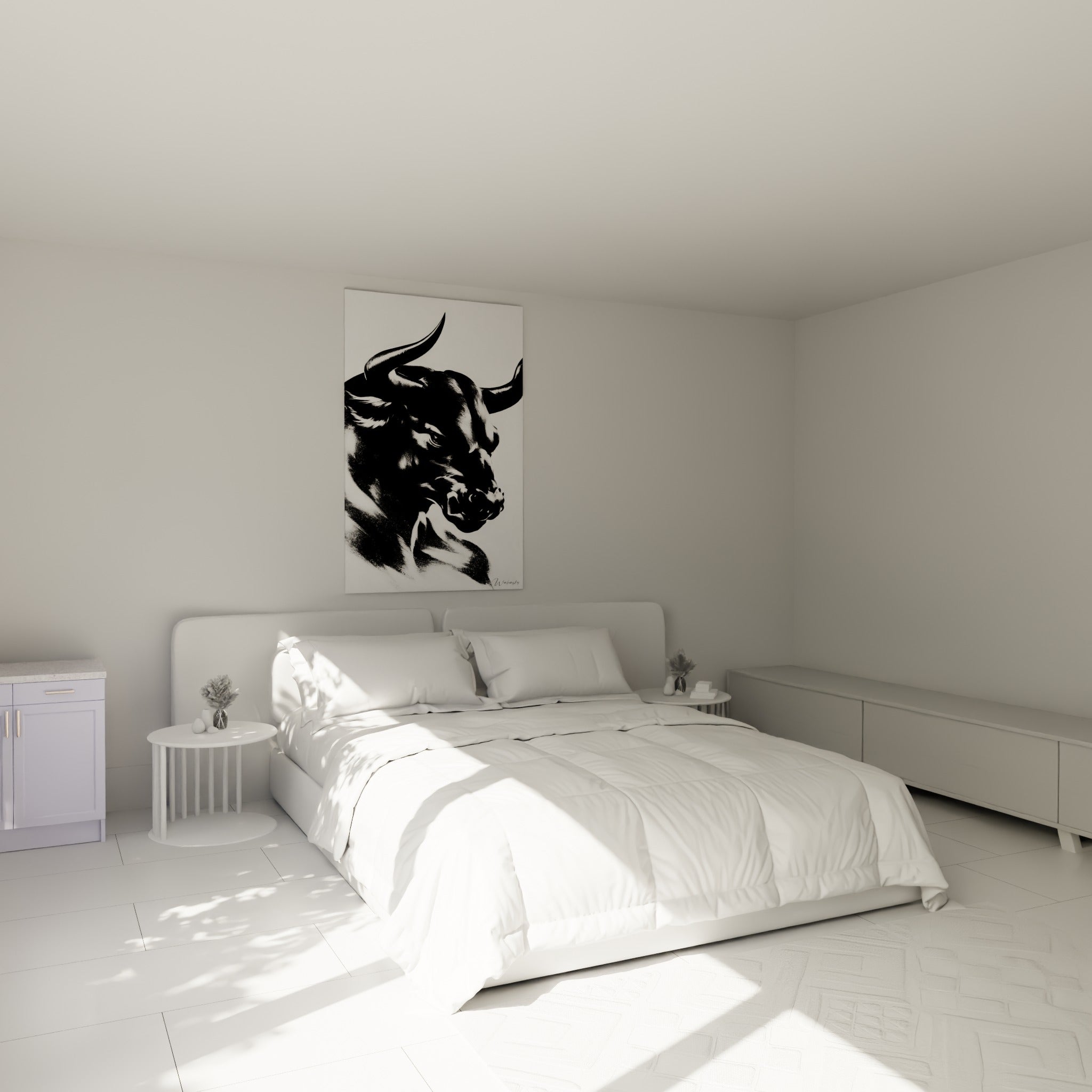 Cornes recourbées et pelage anthracite du taureau, accrochées au-dessus d'un lit dans une chambre claire