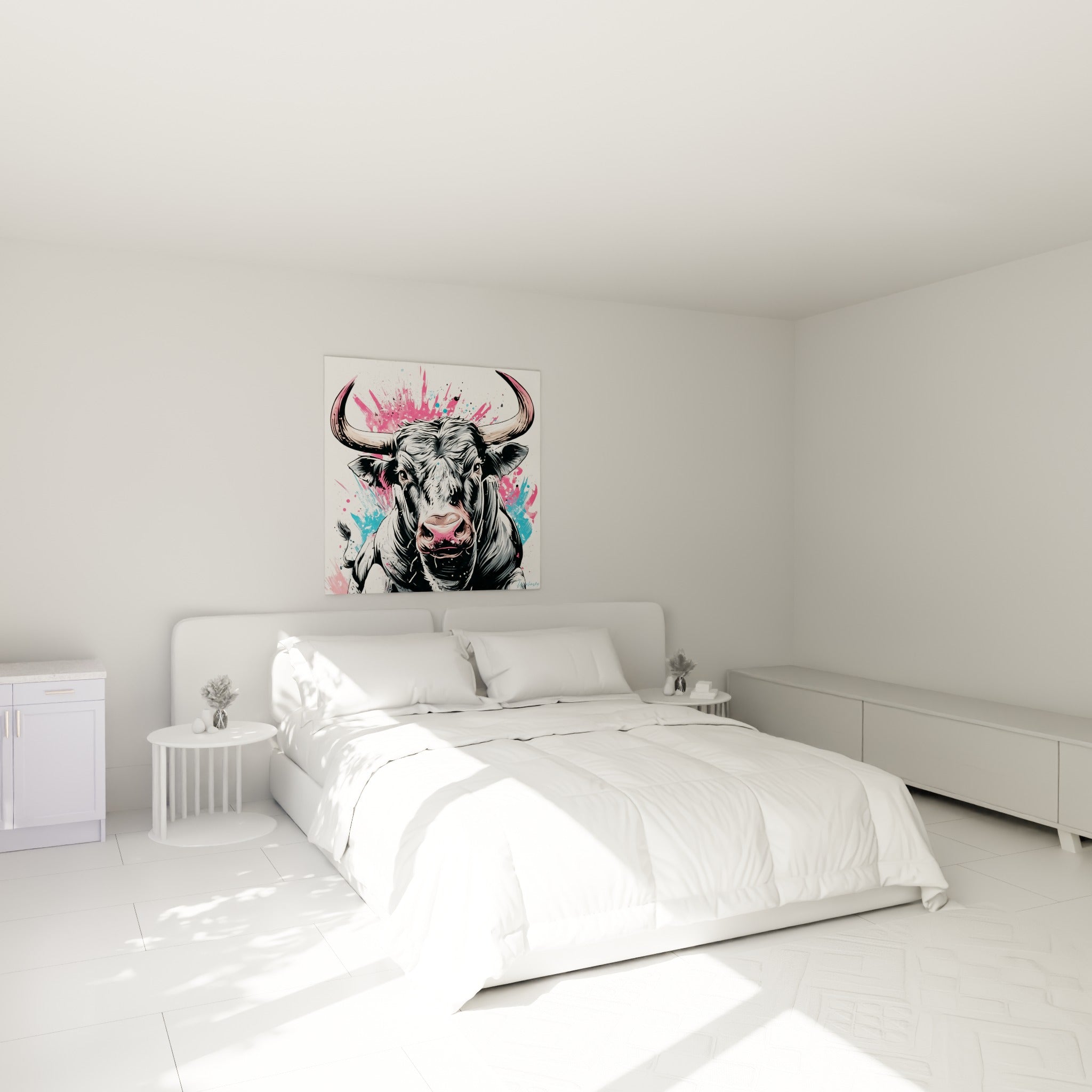 Regard fixe du taureau noir et rose, accroché au-dessus d'un lit dans une chambre claire