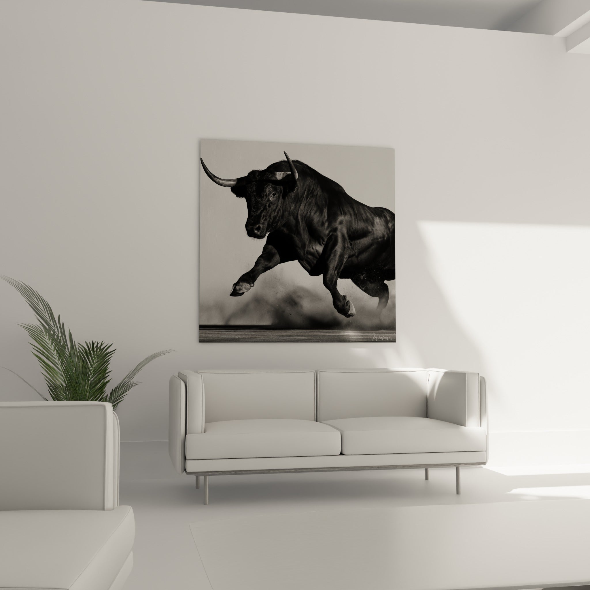 Silhouette sombre du taureau en pleine charge, accrochée au-dessus d'un canapé dans un salon lumineux