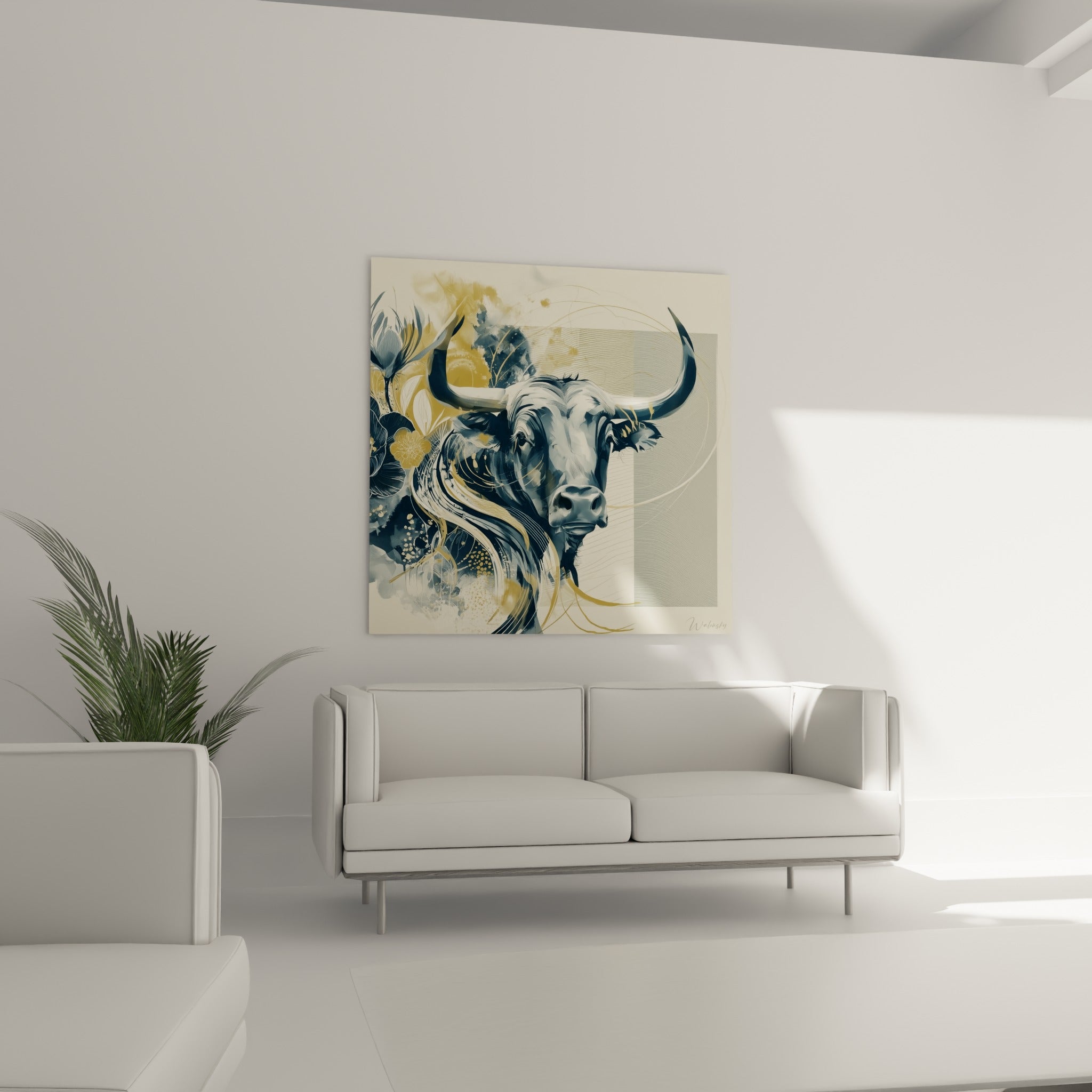 Silhouette du taureau anthracite et doré entourée de fleurs au-dessus d'un canapé dans un salon lumineux