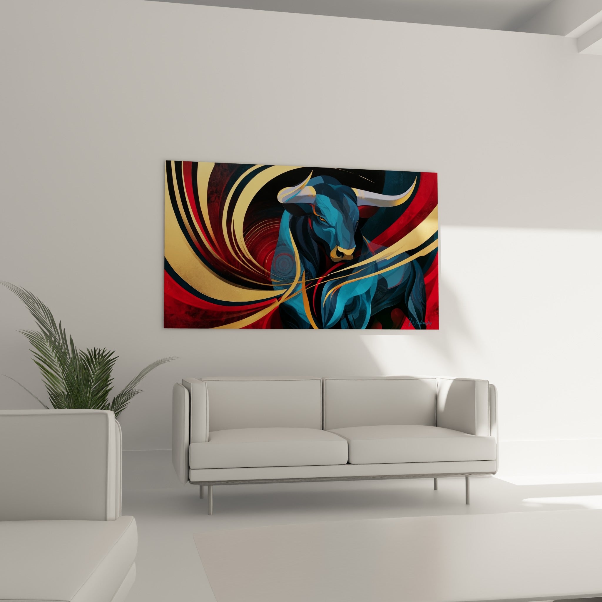 Volutes dorées et rouge profond enlaçant le taureau anthracite au-dessus d'un canapé dans un salon lumineux
