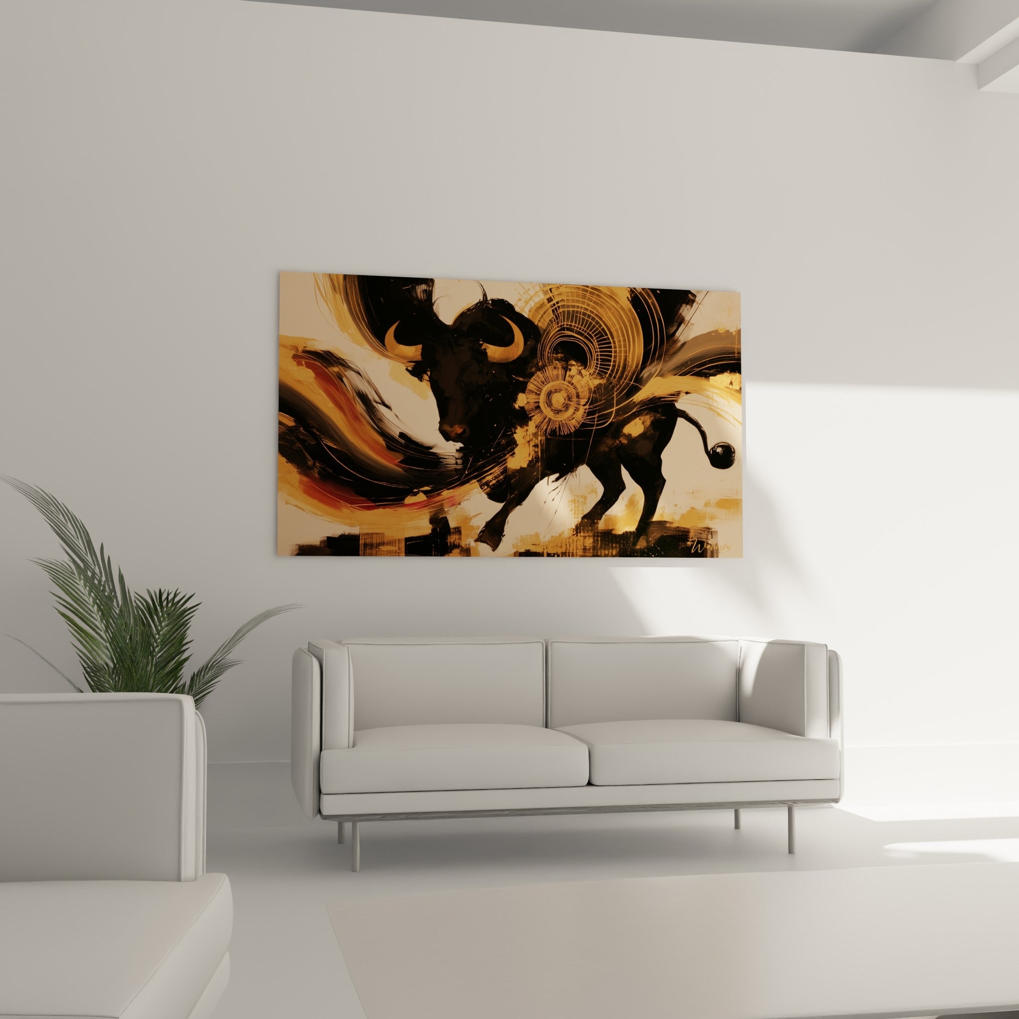 Charge du Taureau anthracite dans un tourbillon ocre et rouge sombre, au-dessus d'un canapé dans un salon lumineux