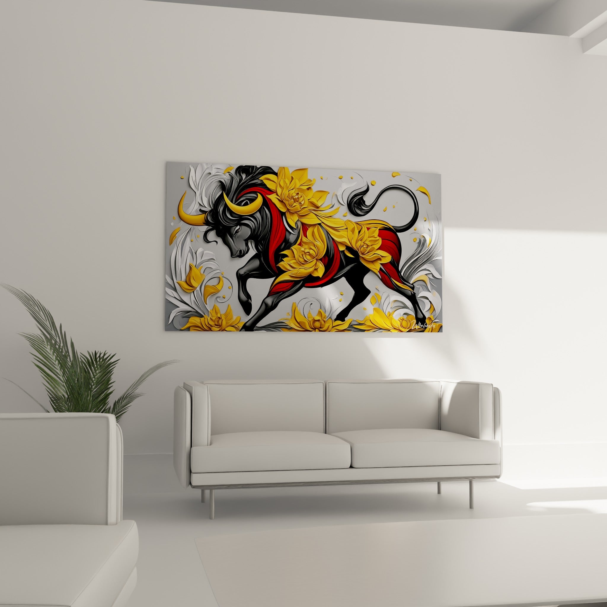 Taureau anthracite orné de fleurs jaune d'or et rouge vermillon, au-dessus d'un canapé dans un salon lumineux
