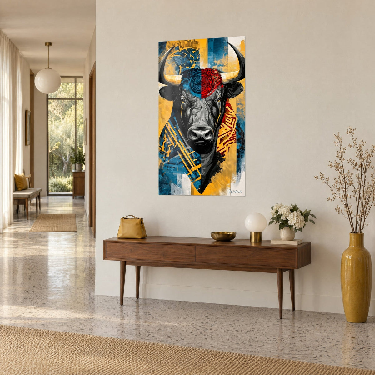 Quadro muso di toro in stile pop-art, ocra e blu petrolio, appeso sopra una console in legno in un corridoio luminoso
