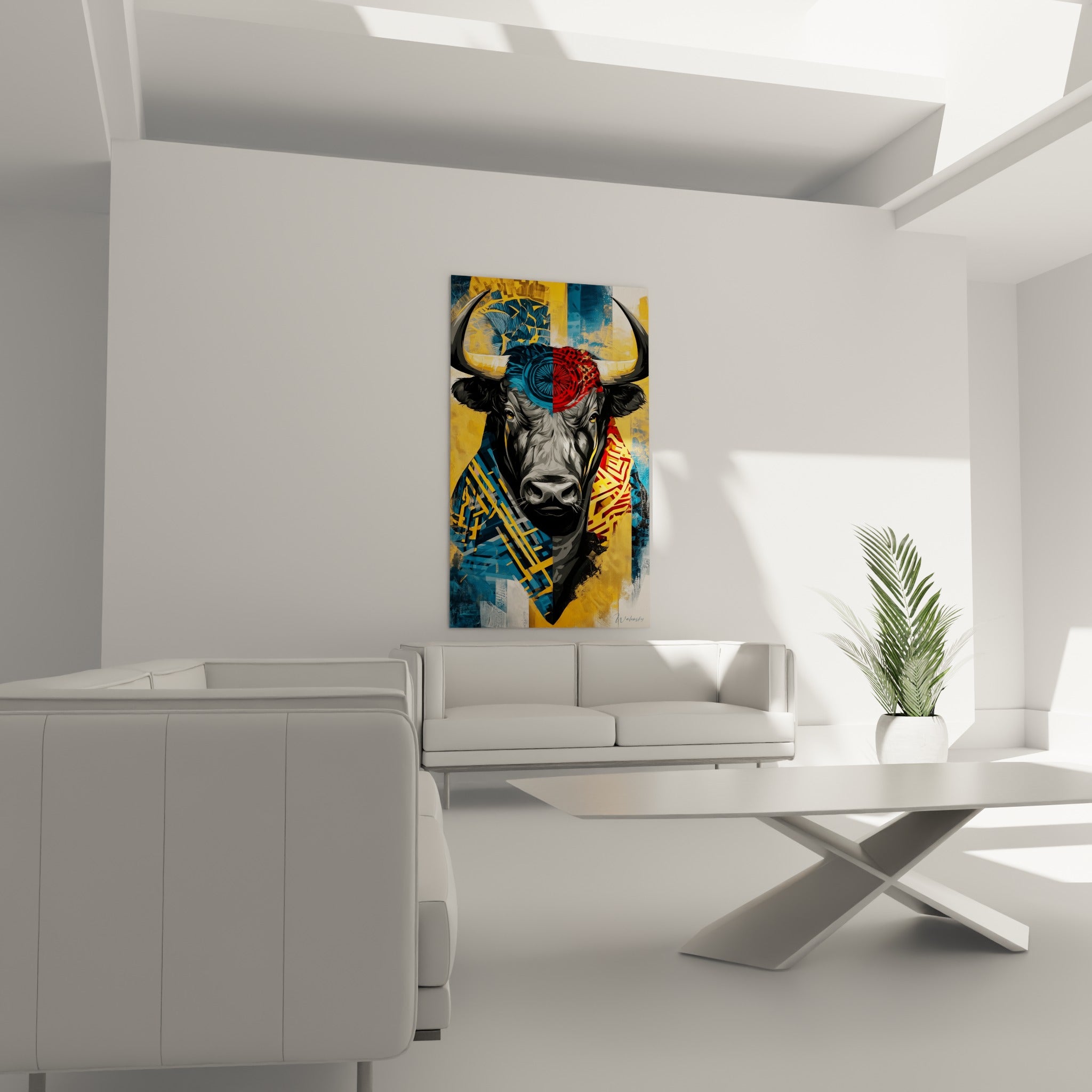 Motifs bleus et rouges du taureau graphique au-dessus d'un canapé dans un salon lumineux