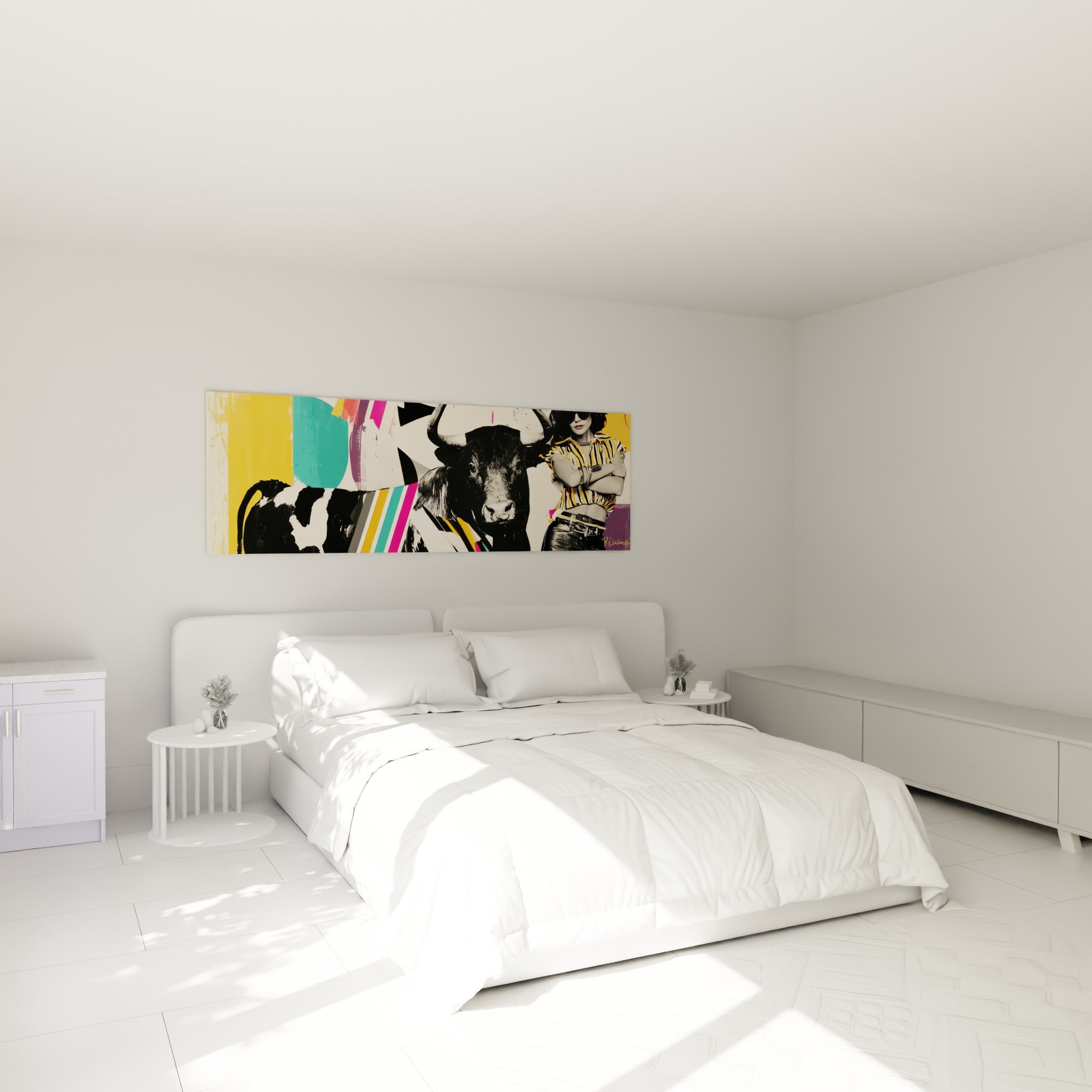 Silhouette de taureau noir et bandes roses accrochée au-dessus d'un lit dans une chambre claire