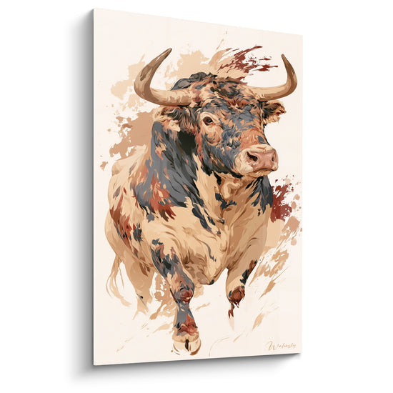 Tableau Longhorn beige et anthracite au museau rosé - Éclaboussures brunes en arrière-plan - Edition Taureau