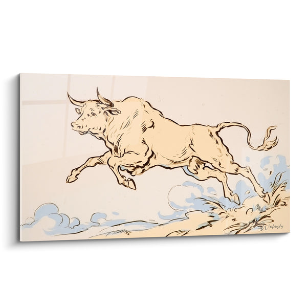 Tableau Taureau bondissant beige et bleu pastel - Élan sauvage - Edition Taureau