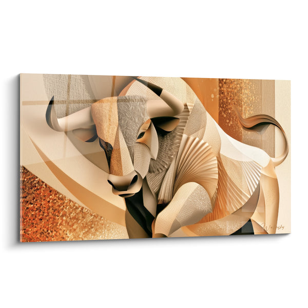 Tableau Taureau beige et ocre aux textures géométriques - Puissance fragmentée - Edition Taureau