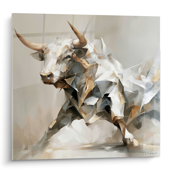 Tableau Taureau blanc aux fragments dorés et anthracite - Charge fragmentée - Edition Taureau