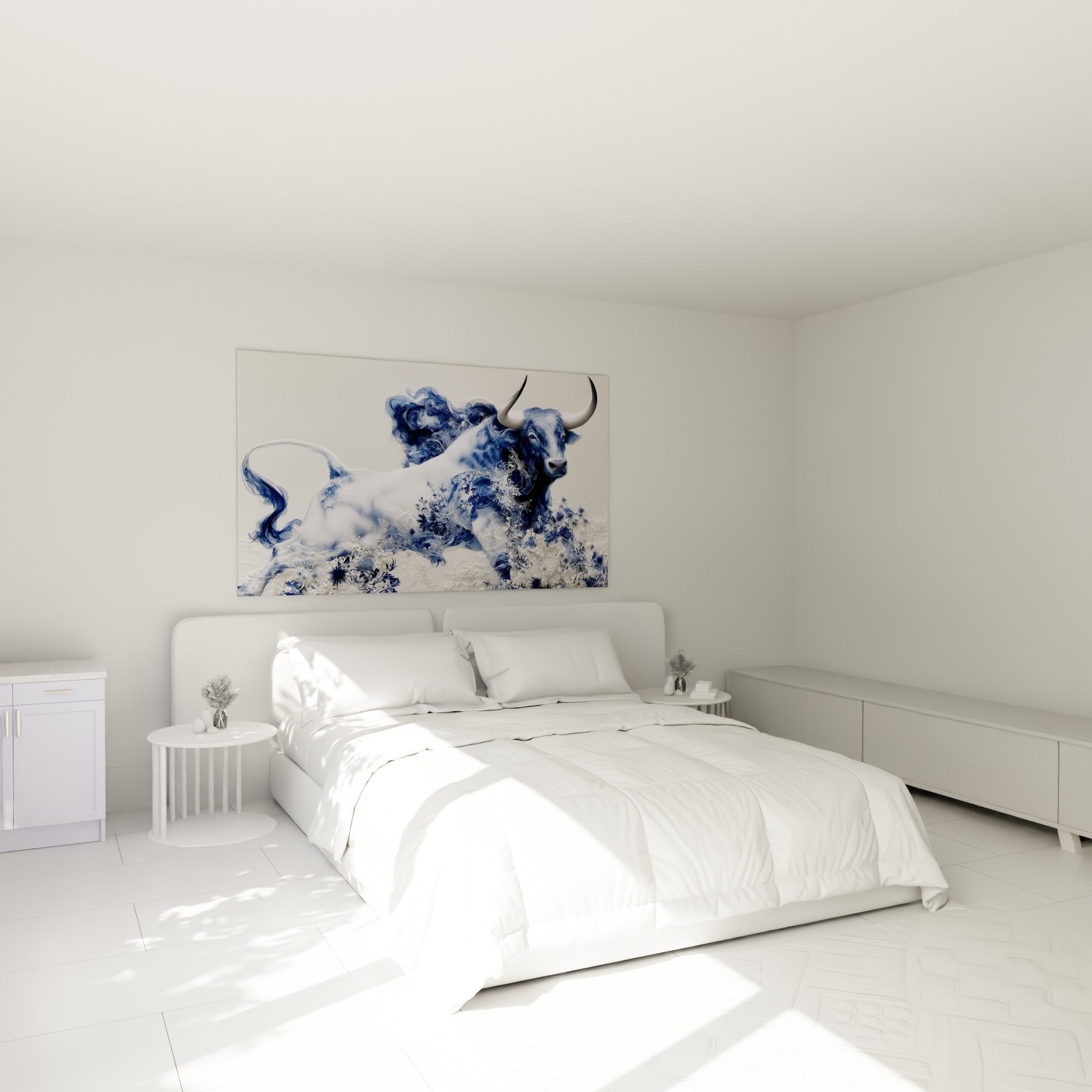 Silhouette animale bleu marine et blanche au-dessus d'un lit dans une chambre claire