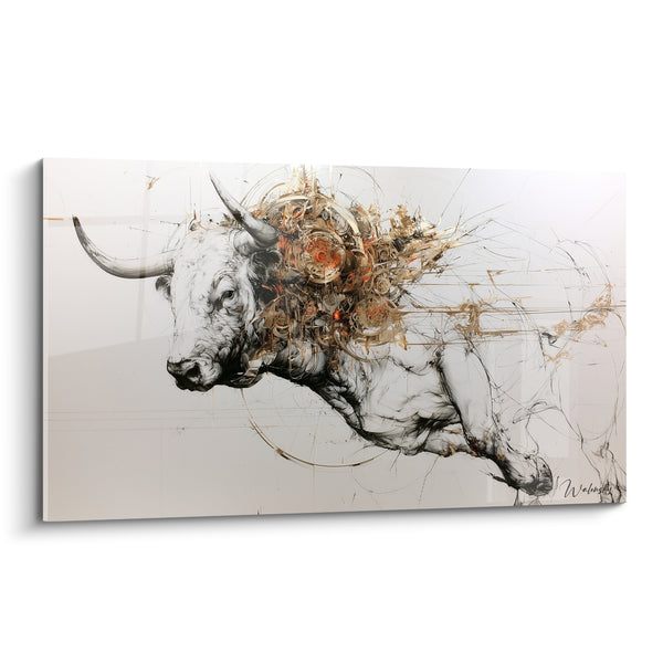 Tableau Taureau blanc aux rouages dorés - Énergie mécanique - Edition Taureau