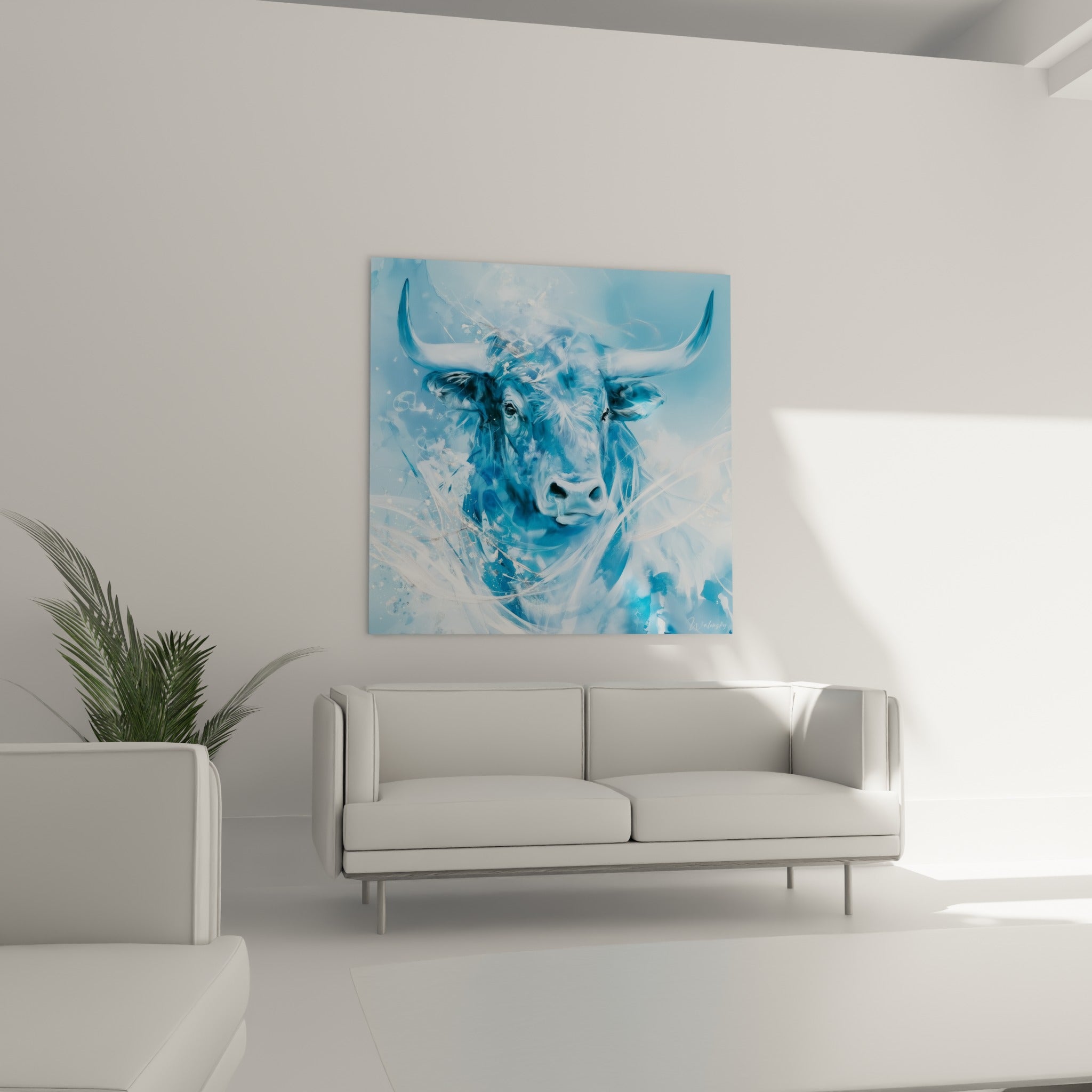 Regard sombre du taureau givré, tons bleu pastel et blanc, au-dessus d'un canapé dans un salon lumineux