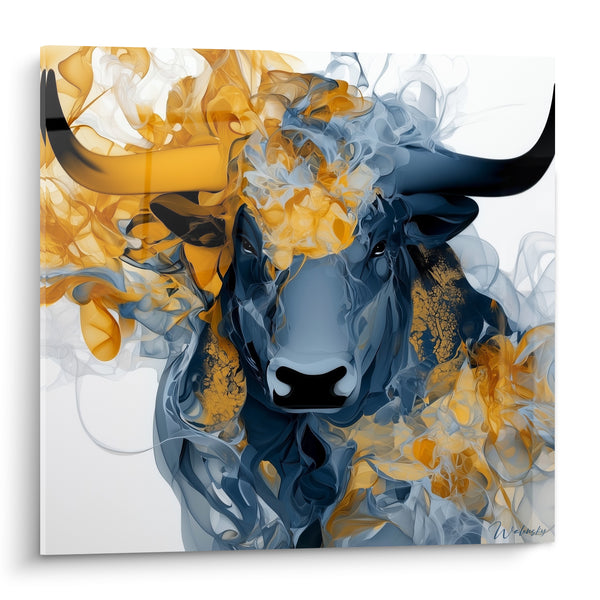 Tableau Longhorn gris et ambre aux volutes fumées - Naseau noir marqué - Edition Taureau