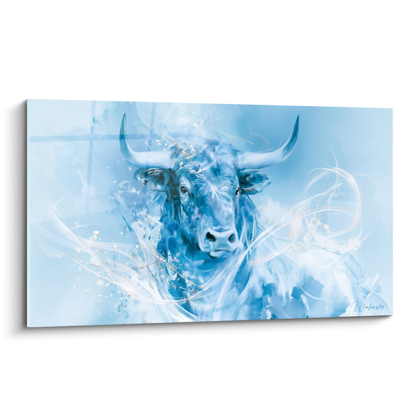 Tableau Taureau bleu ciel aux volutes blanches - Souffle givré - Edition Taureau