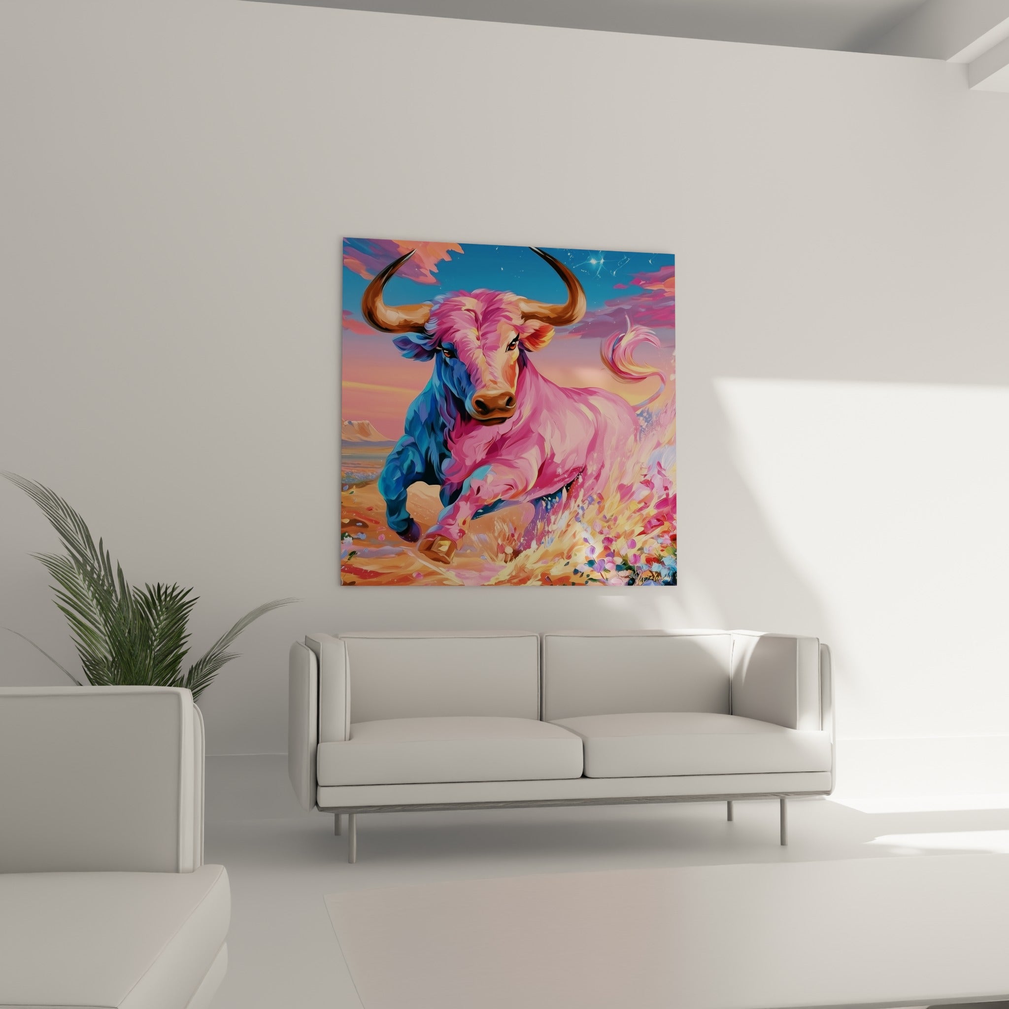 Taureau bleu et rose en pleine charge parmi les fleurs éclatées, au-dessus d'un canapé dans un salon lumineux
