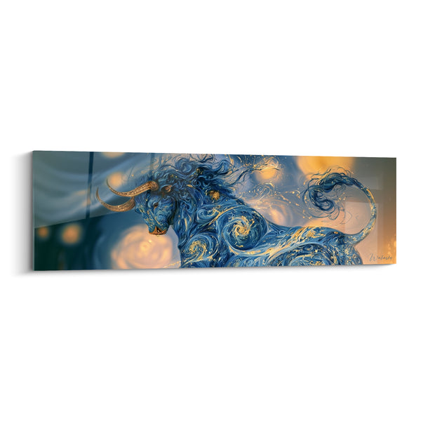 Tableau Longhorn bleu et doré aux volutes tourbillonnantes - Bokeh doré nocturne - Edition Taureau