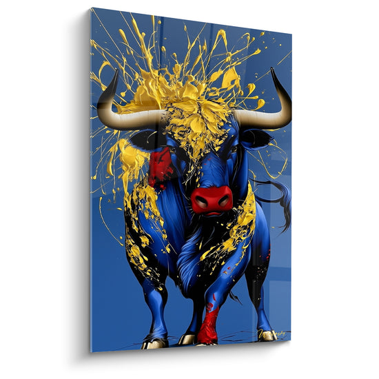 Tableau Taureau bleu et jaune au museau rouge éclaboussé - Sabots dorés fendillés - Edition Taureau