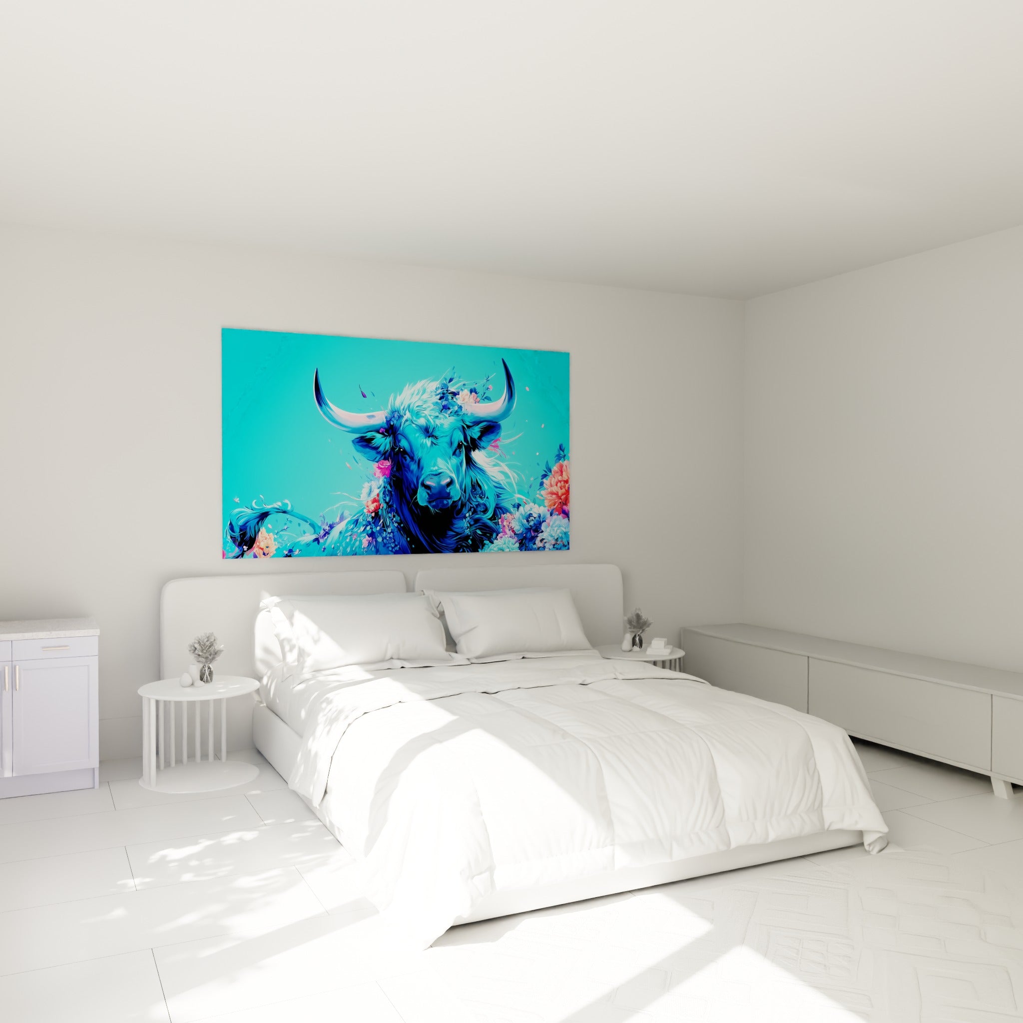Museau bleu profond du taureau fleuri au-dessus d'un lit dans une chambre claire