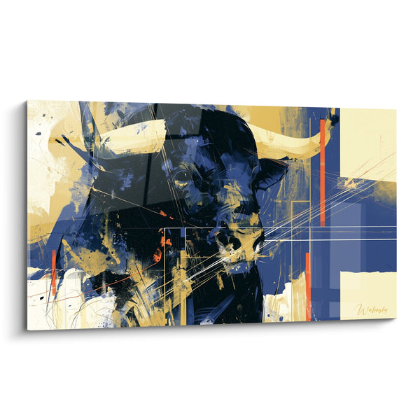 Tableau Taureau bleu marine et doré aux traits graphiques - Tension animale - Edition Taureau
