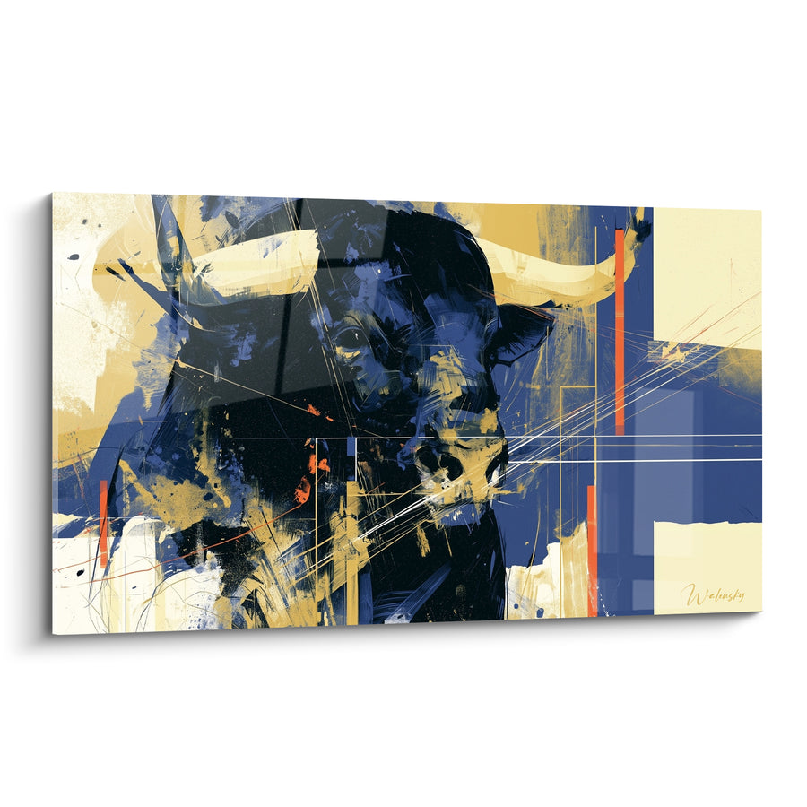 Tableau Taureau bleu marine et doré aux traits graphiques - Tension animale - Edition Taureau