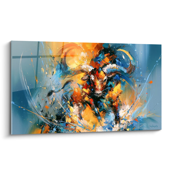 Tableau Longhorn orange et bleu aux éclats de peinture - Tourbillon de touches vibrantes - Edition Taureau