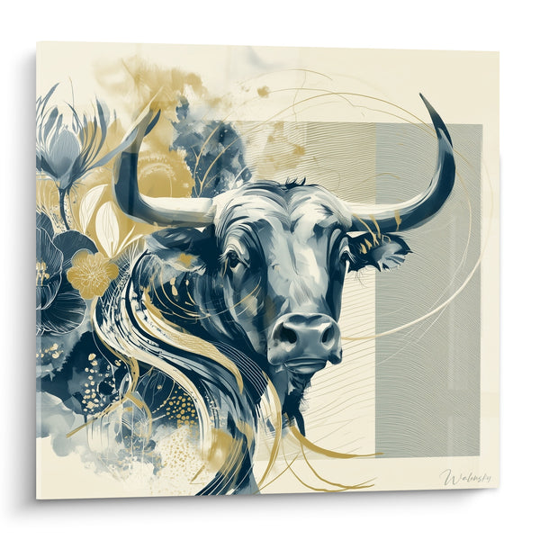Tableau Taureau aux longues cornes bleu marine et doré - Force florale - Edition Taureau