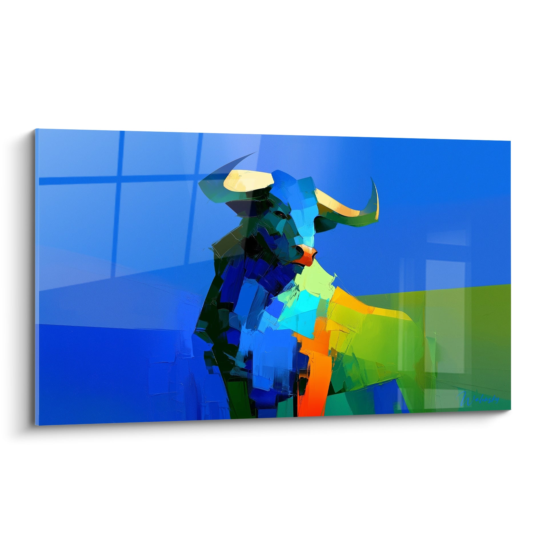 Taureau bleu marine aux cornes dorées et museau orange, composition géométrique fauviste vive