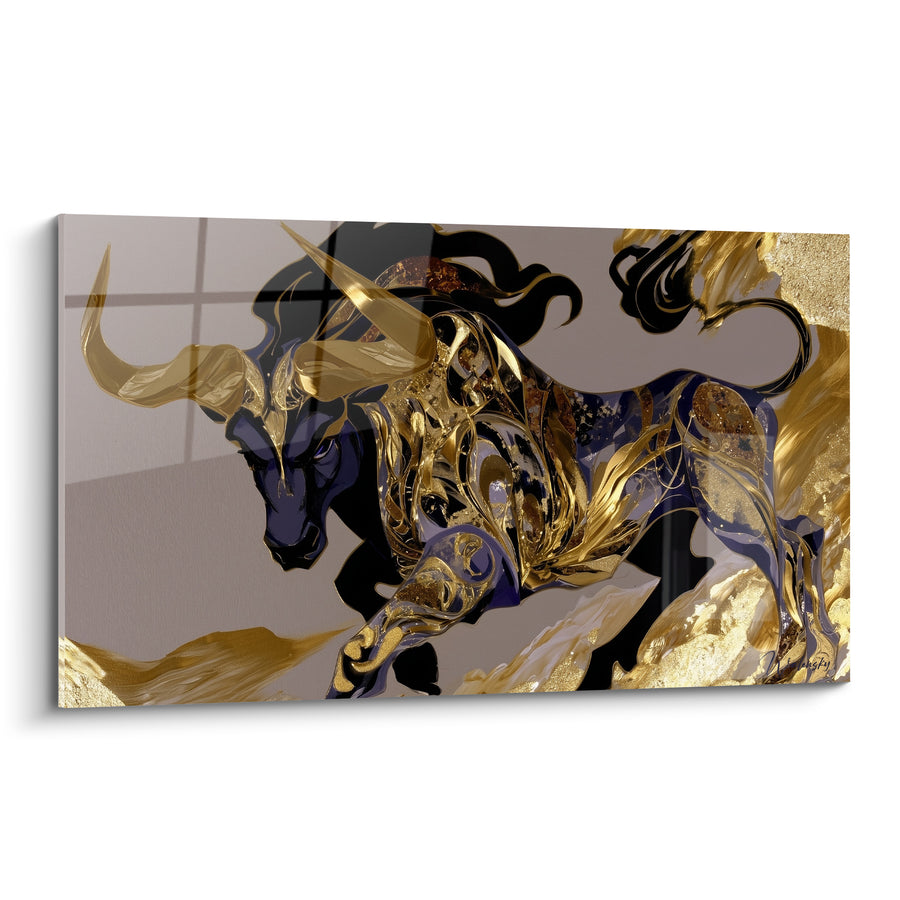 Tableau Taureau violet et doré aux volutes fumées - Fond taupe quadrillé - Edition Taureau