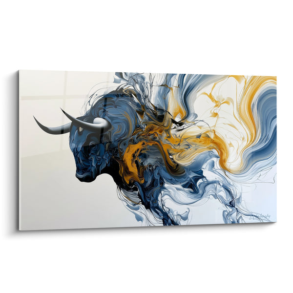 Tableau Taureau bleu marine et doré en volutes - Force en dissolution - Edition Taureau