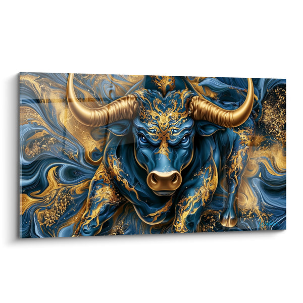 Tableau Taureau bleu marine et doré charge - Force en fusion - Edition Taureau