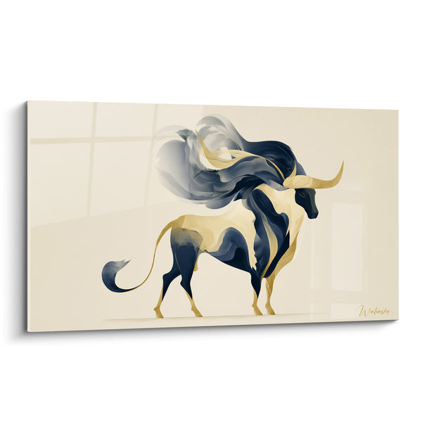 Tableau Taureau bleu marine et doré, panache fumé - Souffle de puissance - Edition Taureau