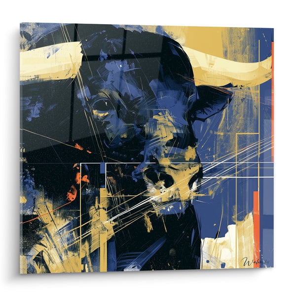 Tableau Taureau bleu marine et doré aux traits éclatés - Puissance en éclats - Edition Taureau