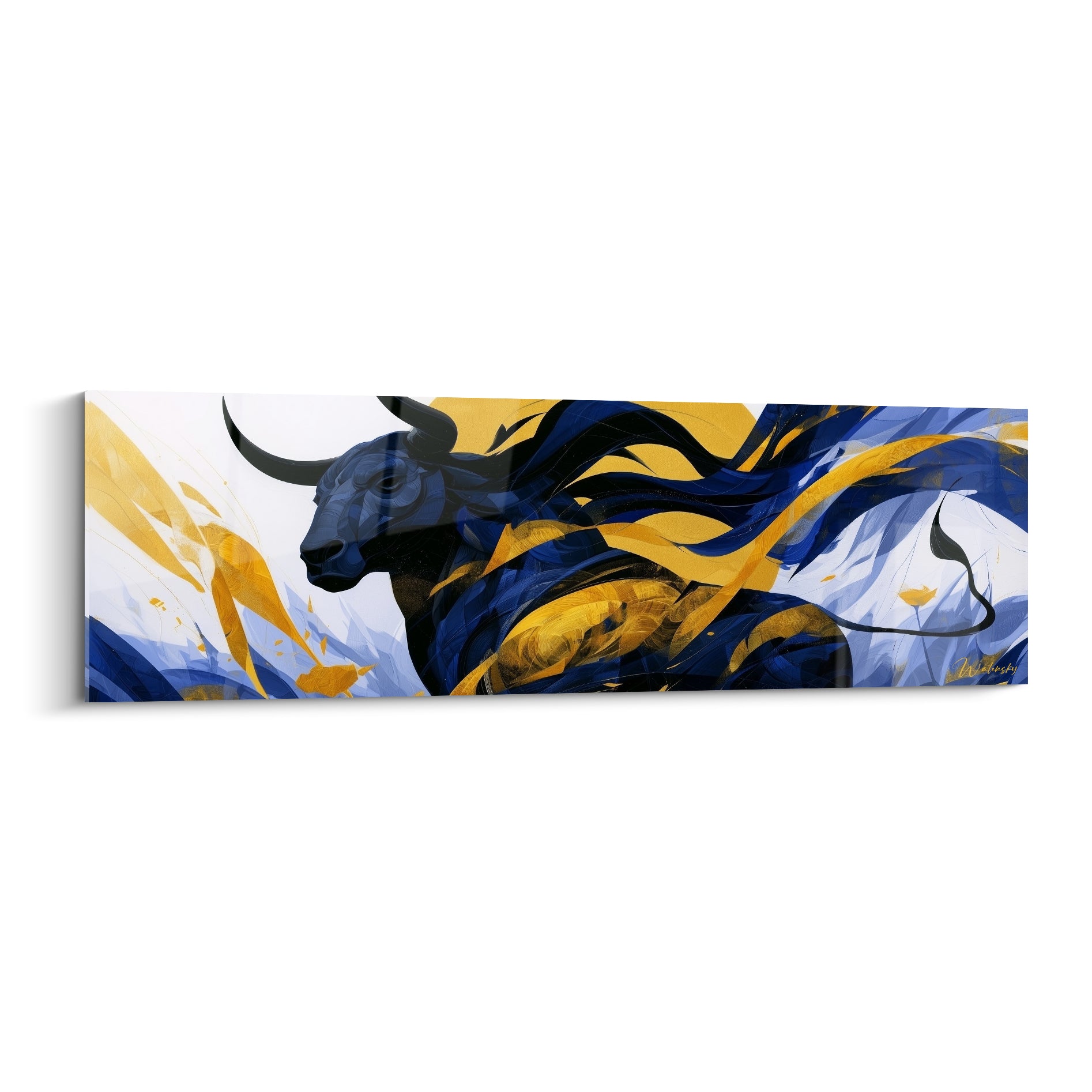 Taureau bleu marine et doré, cornes recourbées, tourbillons de rubans dorés en mouvement