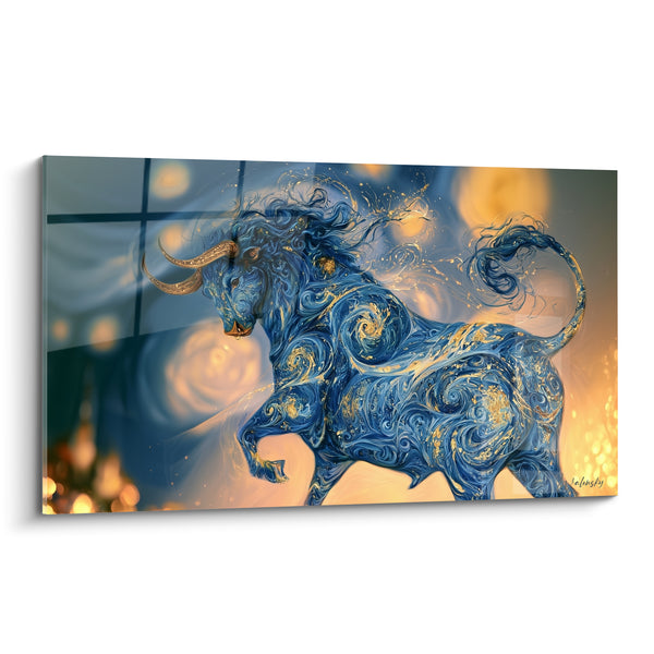 Tableau Taureau bleu et doré aux volutes tourbillonnantes - Force céleste - Edition Taureau