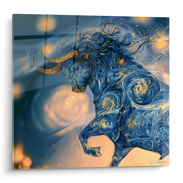Tableau Taureau bleu marine aux volutes dorées - Charge céleste - Edition Taureau