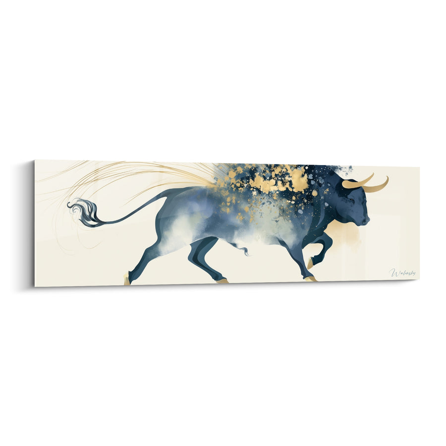 Tableau Taureau bleu et doré à la crinière filiforme - Galop sur fond crème - Edition Taureau