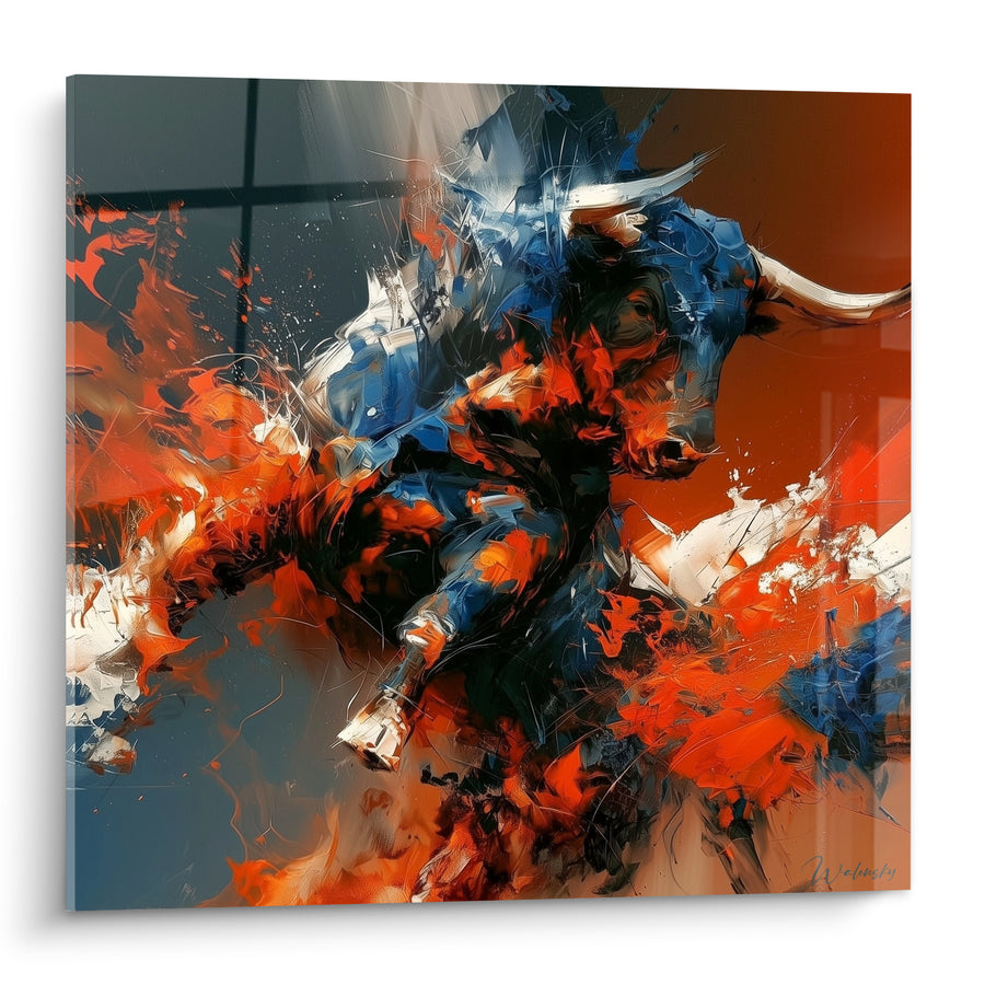 Tableau Longhorn bleu et orange aux cornes ivoire - Sabots en plein saut - Edition Taureau