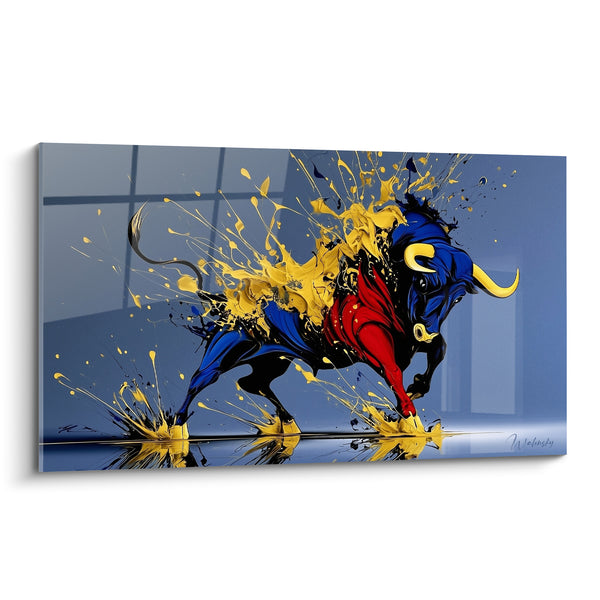 Tableau Taureau bleu et rouge aux éclats dorés - Reflet au sol brillant - Edition Taureau