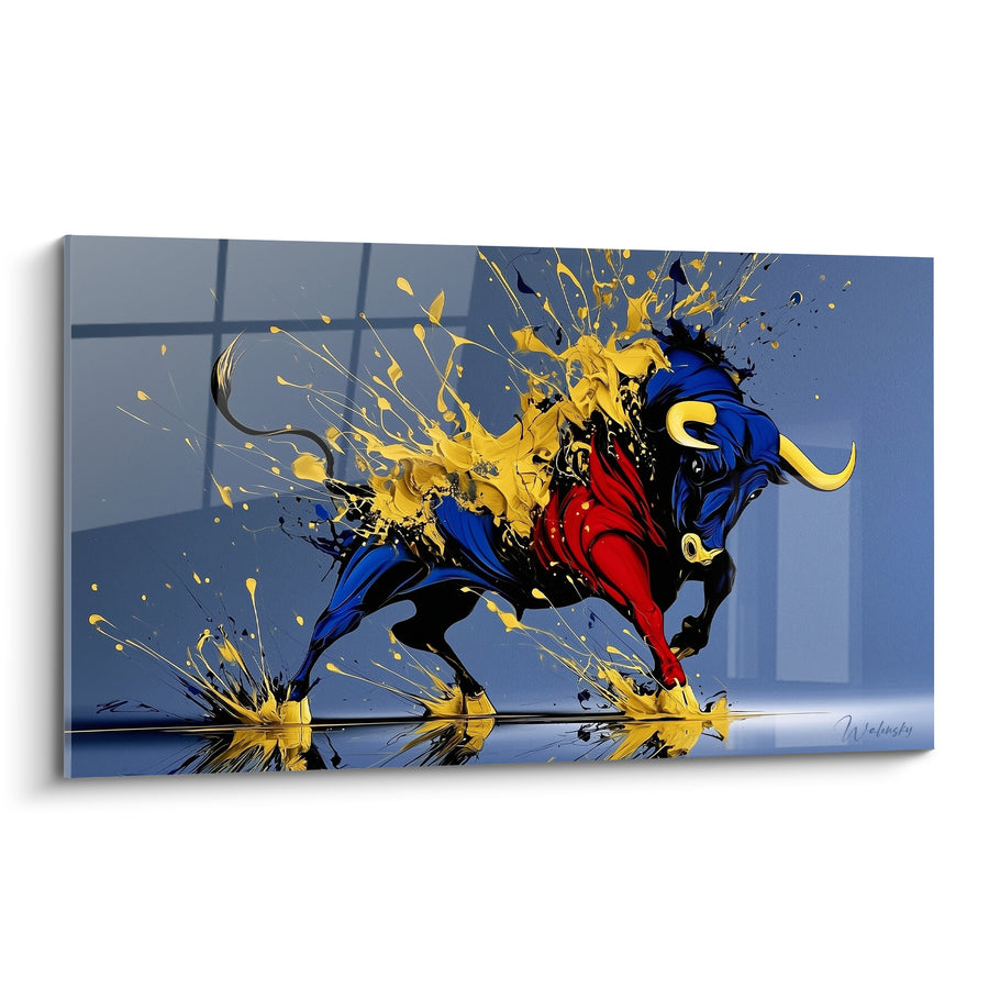 Tableau Taureau bleu et rouge aux éclats dorés - Reflet au sol brillant - Edition Taureau