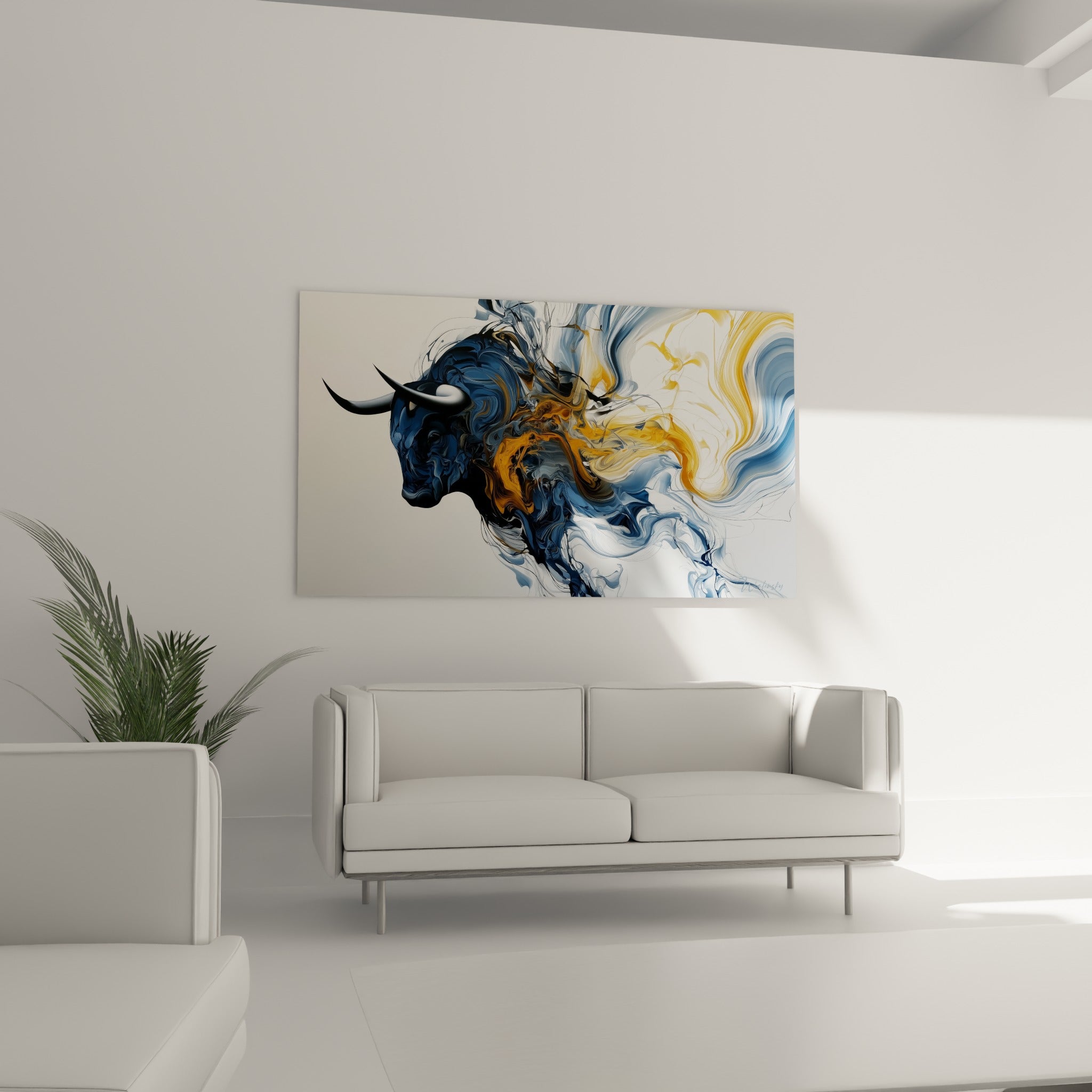 Taureau bleu marine aux mèches dorées tourbillonnantes, au-dessus d'un canapé dans un salon lumineux