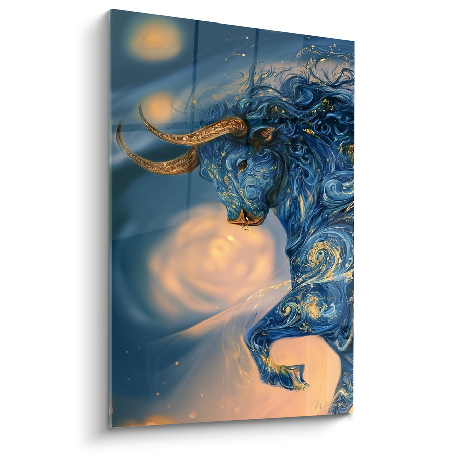 Tableau Longhorn bleu et pêche aux volutes tourbillonnantes - Halo lumineux flou - Edition Taureau