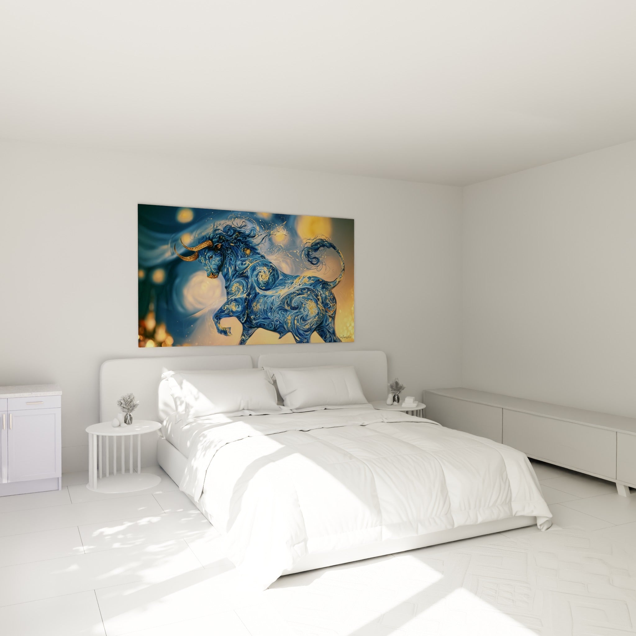 Silhouette de taureau bleu et or au-dessus d'un lit dans une chambre claire