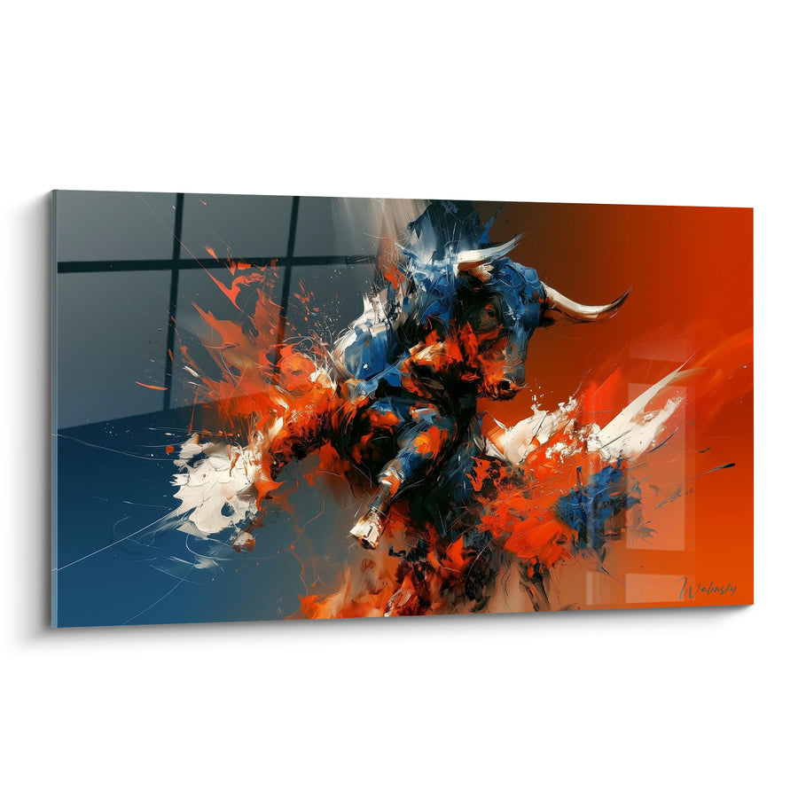 Tableau Longhorn bleu et orange aux éclats fracturés - Fond quadrillé anthracite - Edition Taureau